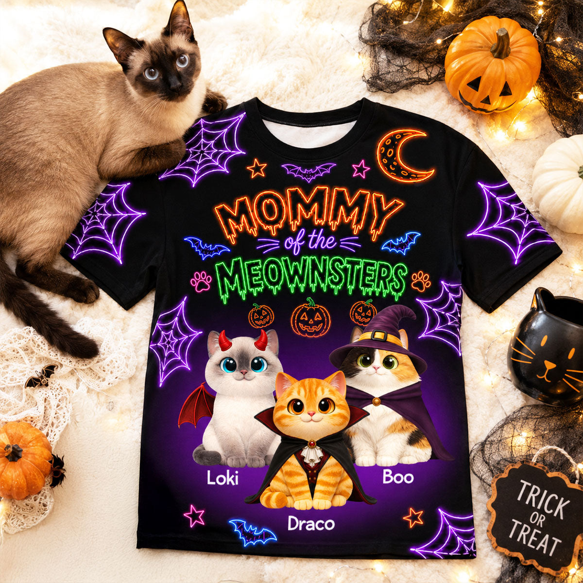 Neon Theme Mommy Daddy Of The Meownsters Cats - Personalized Shirt - Halloween Gift For Cat Lovers