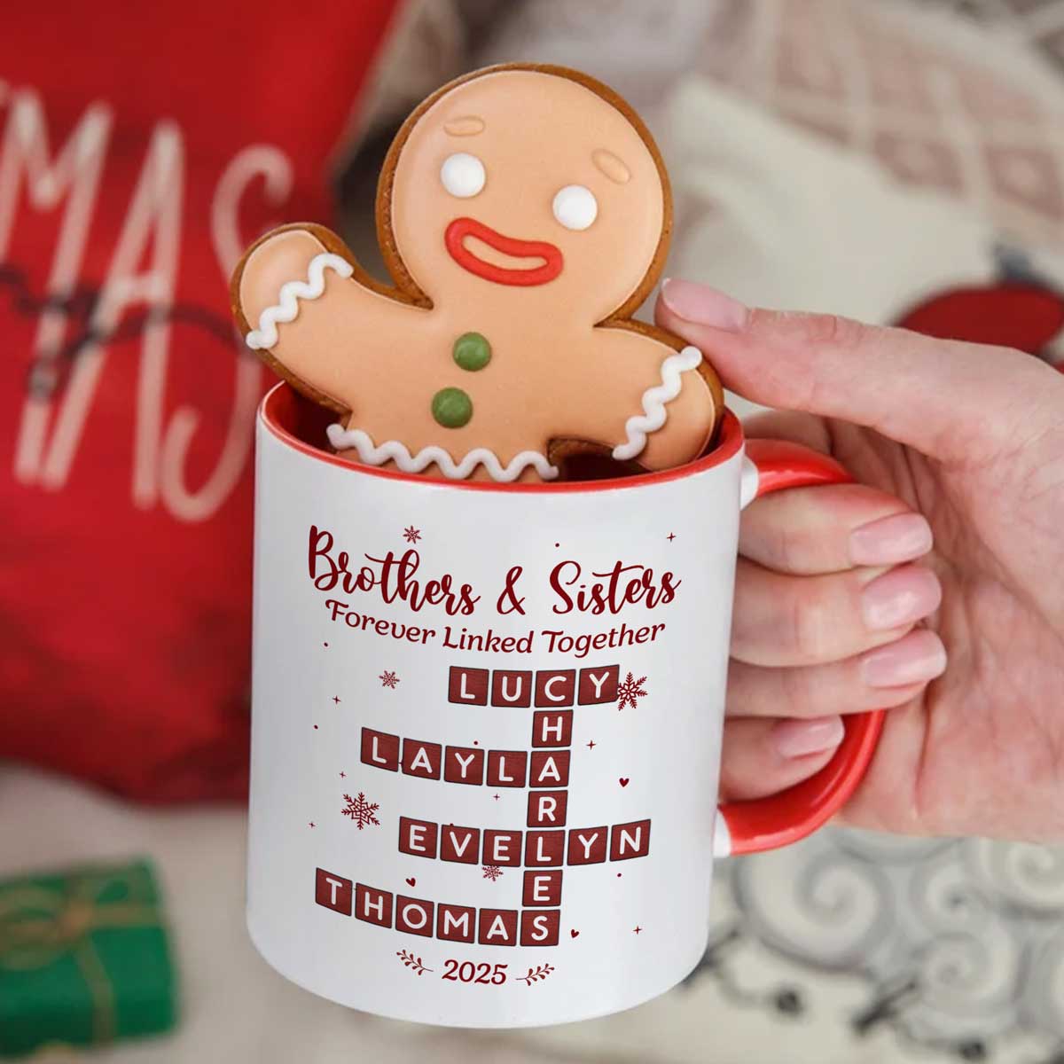 Festive Christmas Brothers Sisters Crossword Puzzle Art - Personalized Mug - Christmas Gift For Siblings, Brothers, Sisters