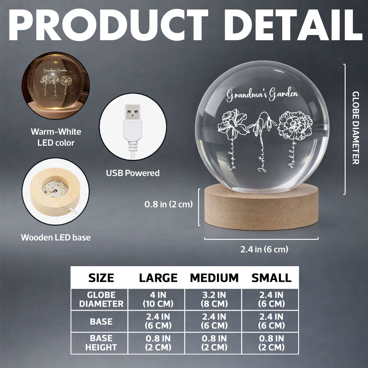 Grandma Garden Custom Birth Month Flowers - Personalized Crystal Ball LED Night Light - Heartfelt Gift For Grandma