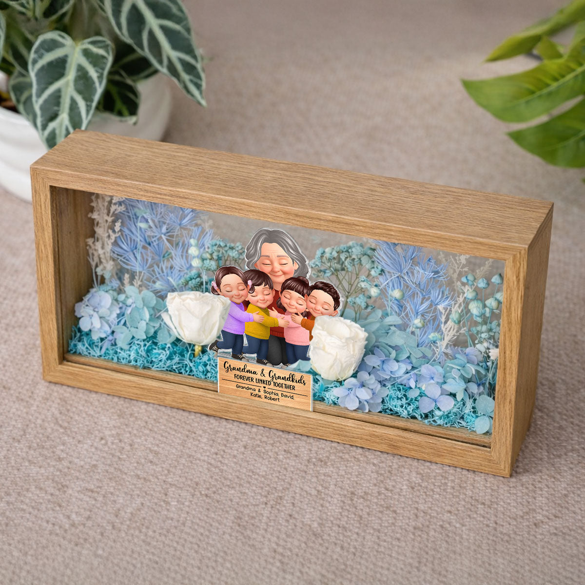 Grandma And Grandkids Forever Linked Together - Personalized DIY Flower Shadow Box LED Night Light - Gift For Grandma