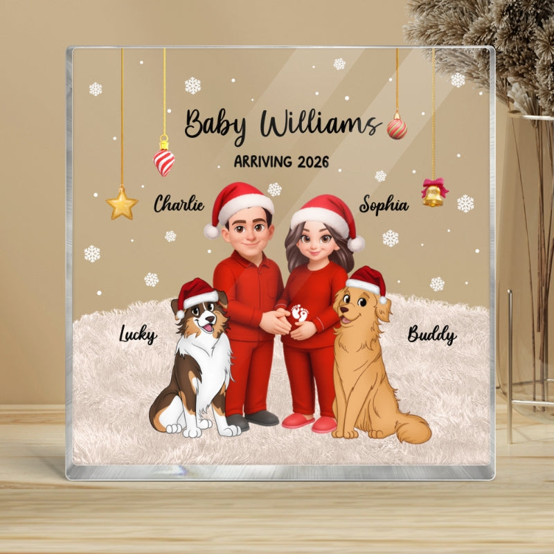 Expecting Parents Christmas Pregnancy Baby Arriving With Dogs Cats - Personalized Square Acrylic Block Plaque