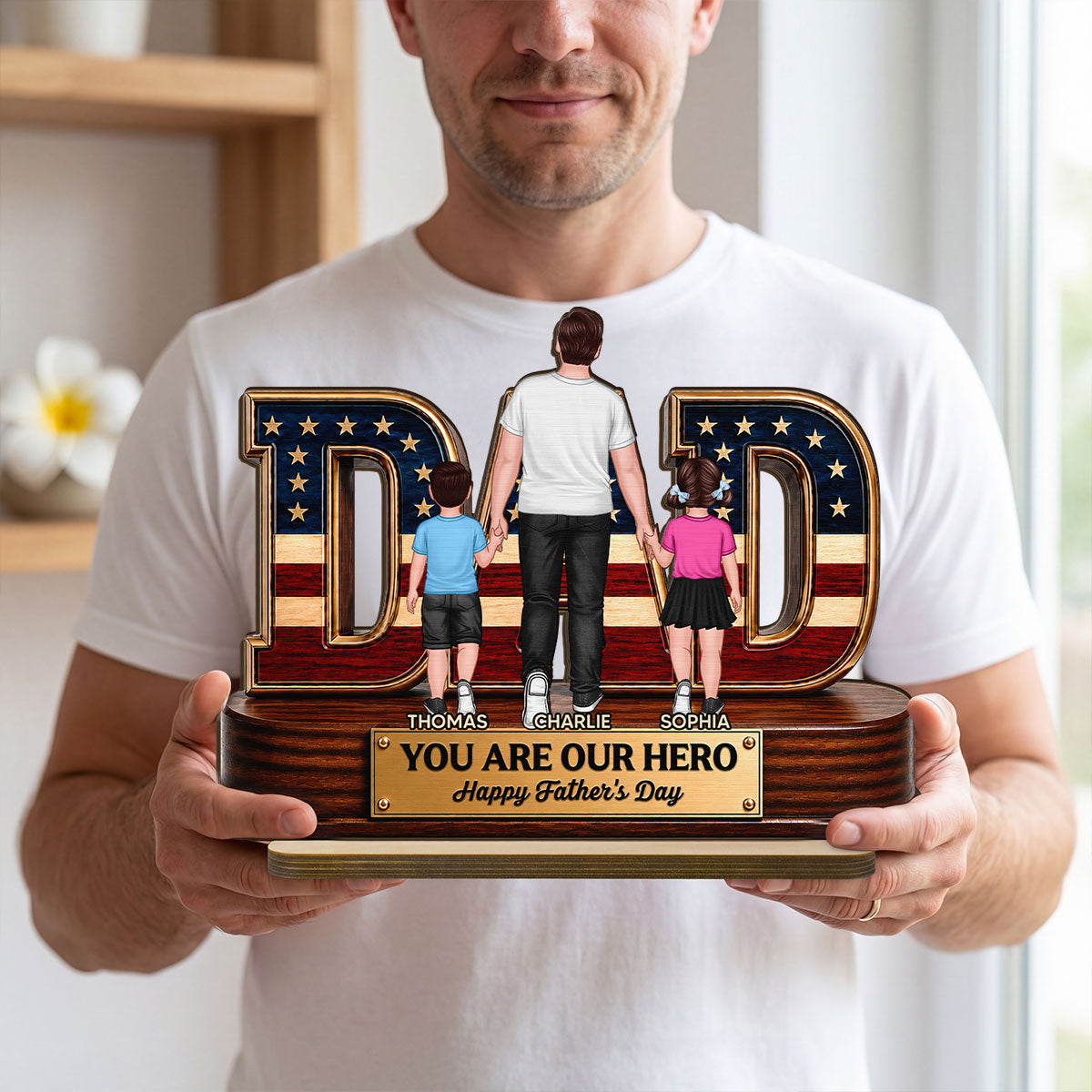 Nation Flag Dad And Kids You Are Our Hero - Personalized 2-Layered Wooden Plaque -  Gift For Dad, Husband