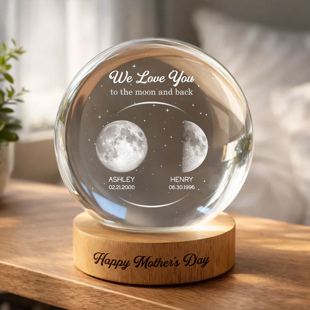 Love to the Moon and Back, Custom Moon Phase by Date - Personalized Crystal Ball LED Night Light - Mother's Day Gift for Mom, Wife
