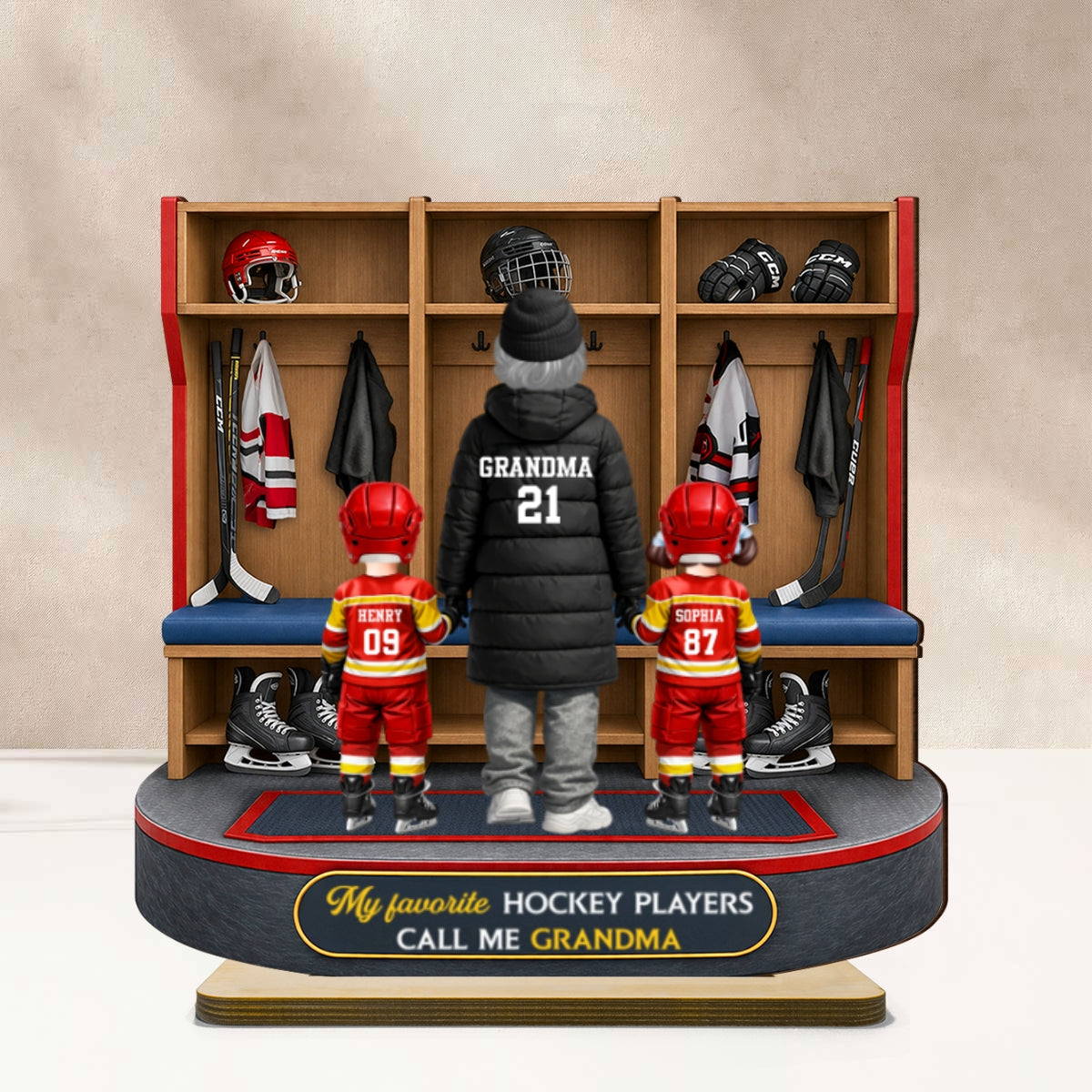 Hockey Grandma And Kids Locker Room - Personalized 2-Layered Wooden Plaque - Heartfelt Gift For Grandma