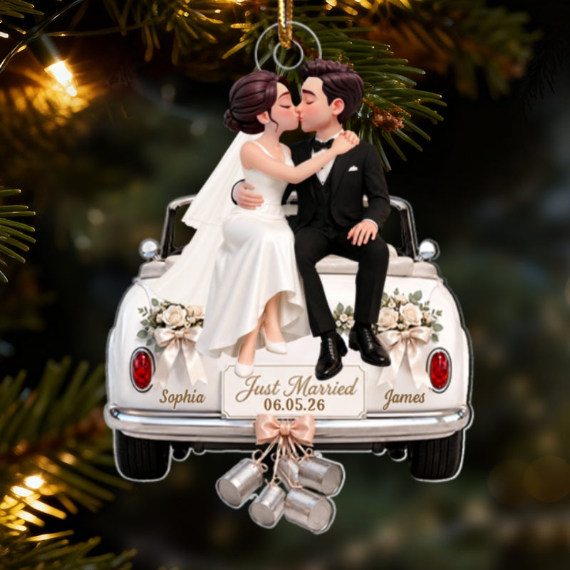 Groom Bride Sitting On Wedding Car 2D Flat - Personalized Acrylic Ornament - Wedding Keepsake