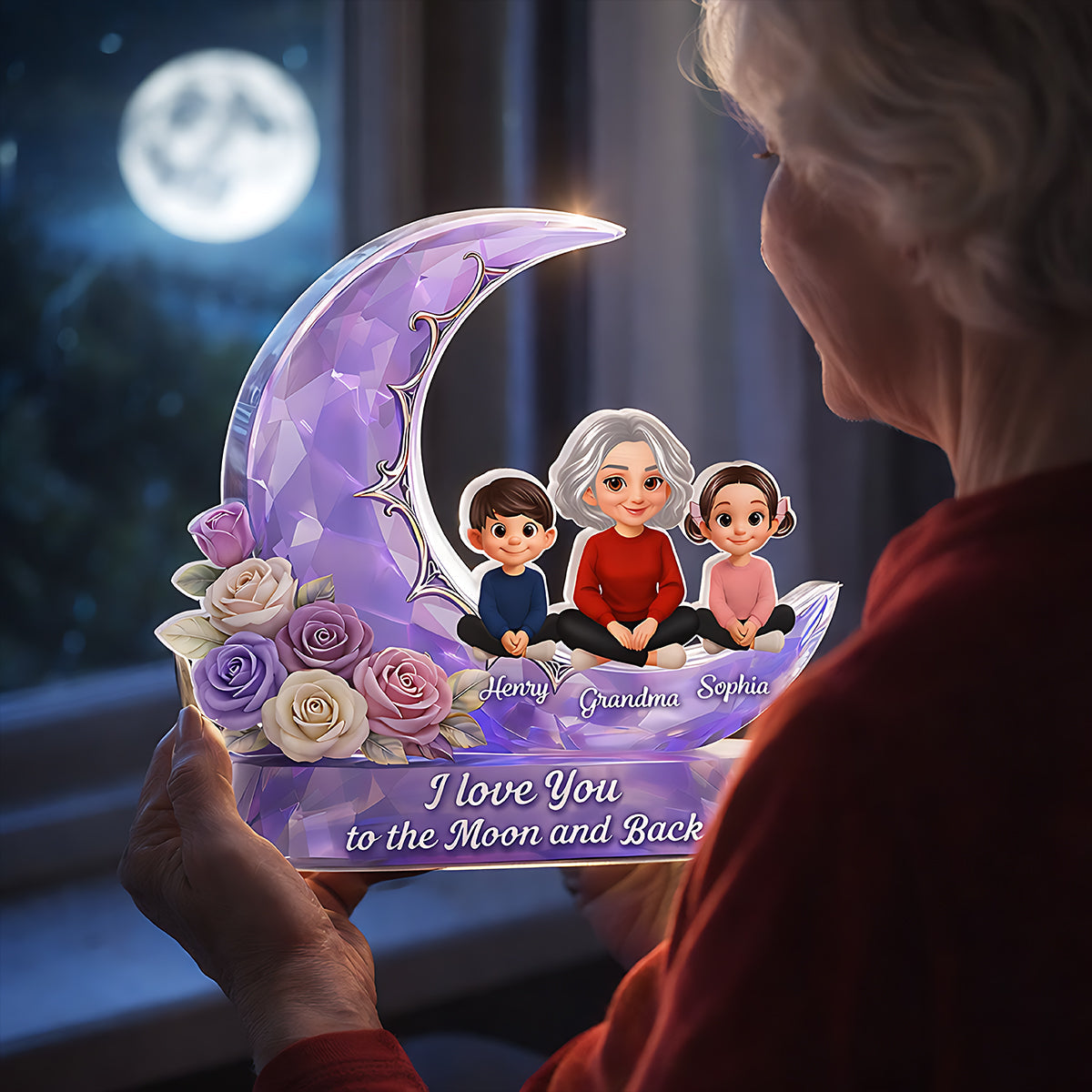 Love You To The Moon Grandma Grandkids Rose Moon - Personalized Acrylic Block Plaque - Heartfelt Gift For Mom, Grandma