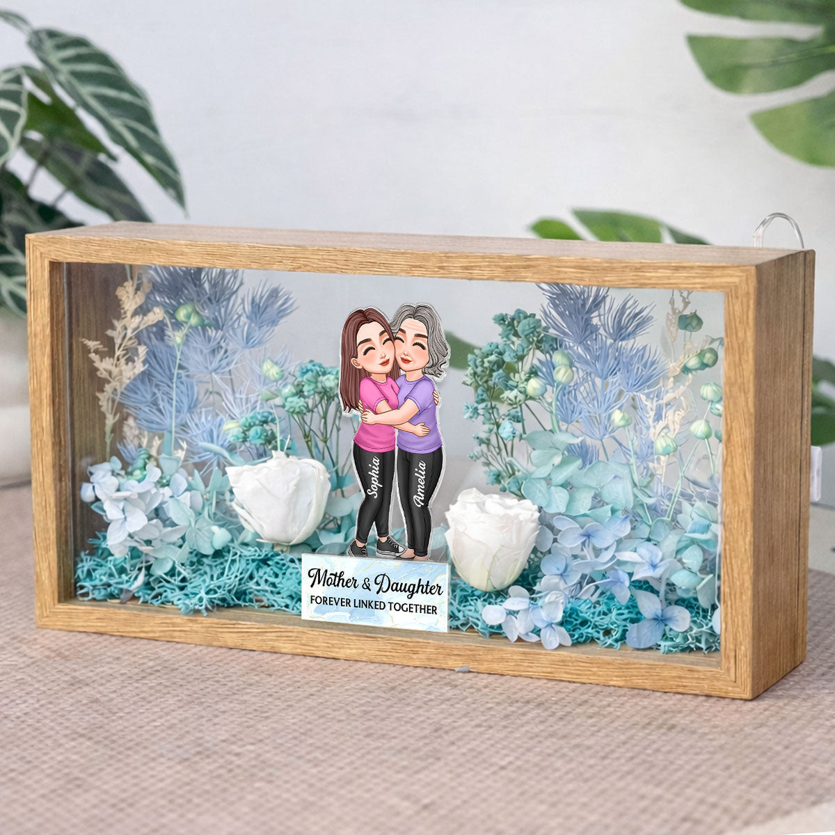 Mom & Daughter Forever Linked Together - Personalized DIY Flower Shadow Box LED Night Light - Gift For Mom, Daughter