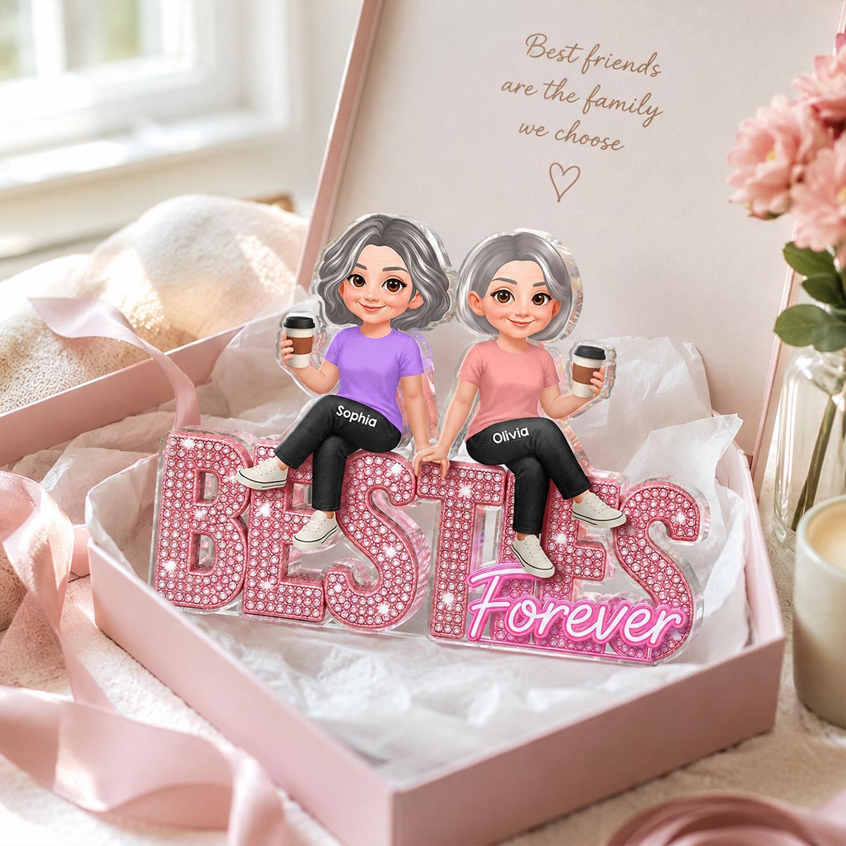 Pink Shining Besties Forever - Personalized Acrylic Block - Gift For Besties, Best Friends