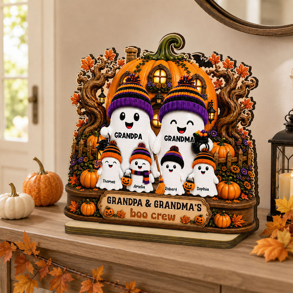 Whimsical Pumpkins House Halloween Grandma Grandpa's Boo Crew - Personalized 2-Layered Wooden Plaque - Halloween Decor For Grandparents