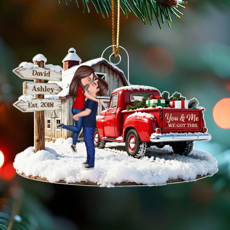 Christmas Truck Barn House Couple Sign Post - Personalized Acrylic Ornament - Christmas Gift For Her, For Him, For Couple
