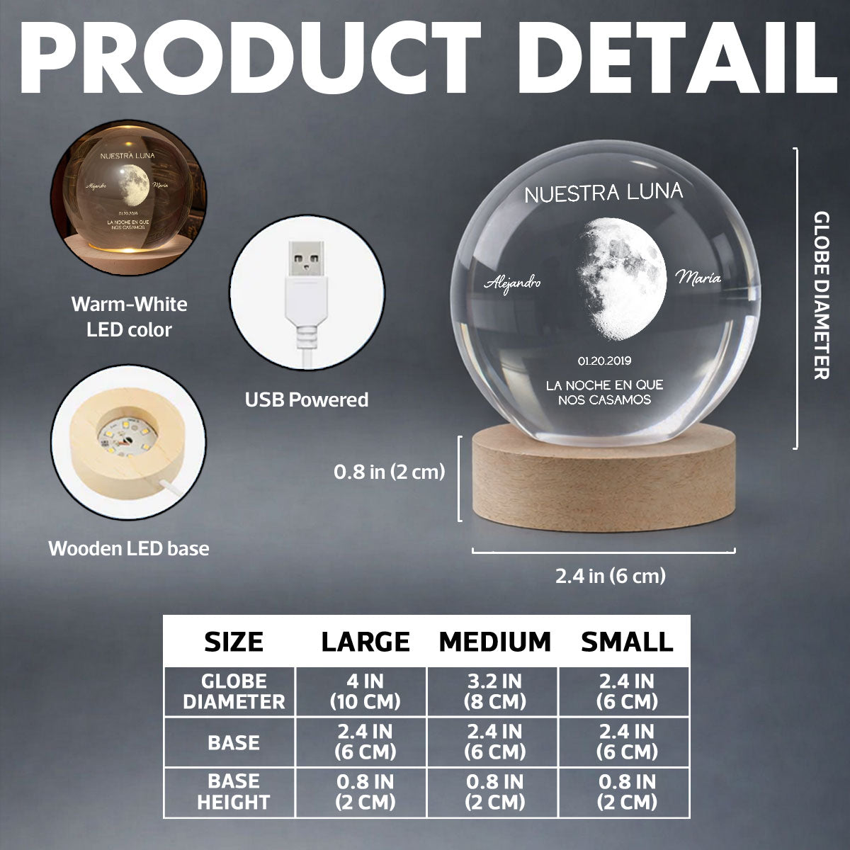 Nuestra Luna – Fase Lunar Personalizada por Fecha – Bola de Cristal con Luz Nocturna – Regalo de Aniversario