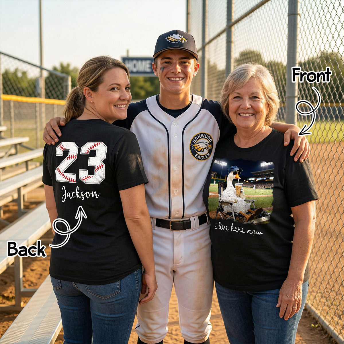 I Live Here Now Raccoon Goose On Ballfield - Personalized Double Sided Shirt - Baseball Softball Grandma Mom