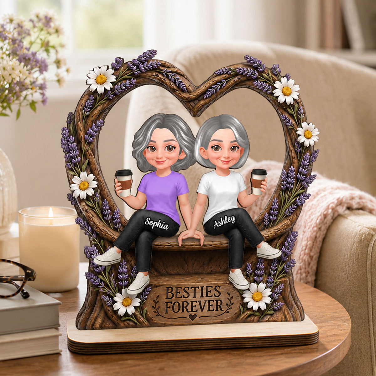 Lavender Flowers Besties Forever - Personalized 2-Layered Wooden Plaque - Birthday Gift, Gift For Best Friends