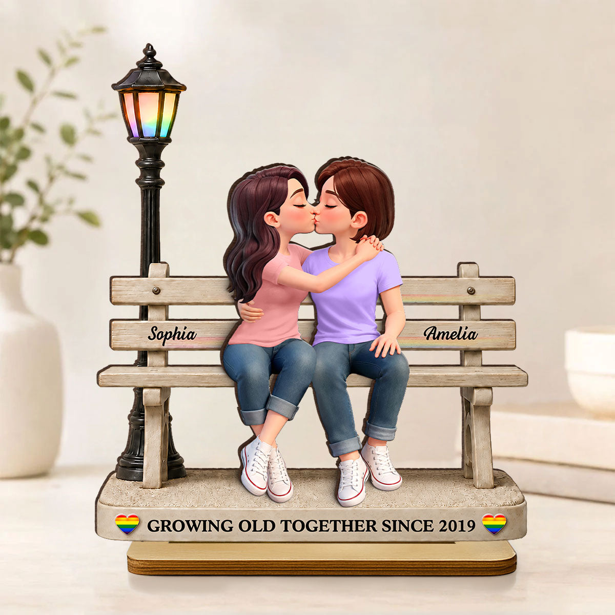 LGBT+ Couple Sitting On Bench - Personalized 2-Layered Wooden Plaque - Gift For Couple, Happy Pride Month