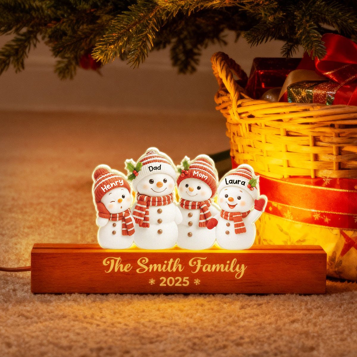 Festive Snowman Family Members - Personalized Acrylic Block Plaque LED Night Light - Christmas Gift for Family