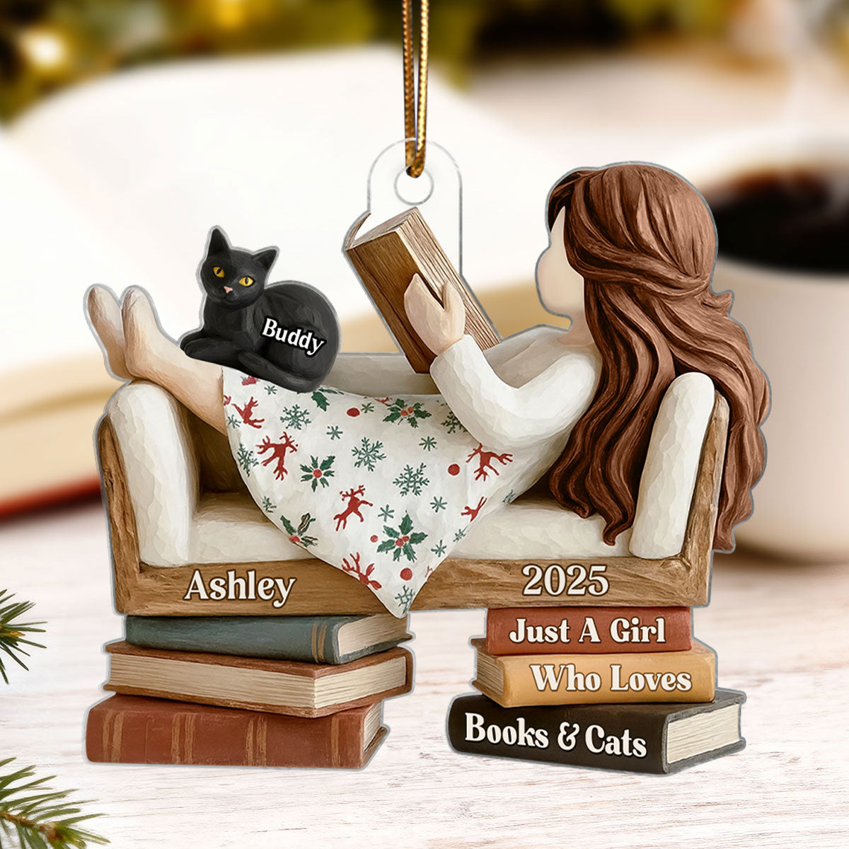 Just a Girl Who Loves Books & Cats - Personalized Acrylic Ornament - Christmas Gift for Cat Moms, Bookworms