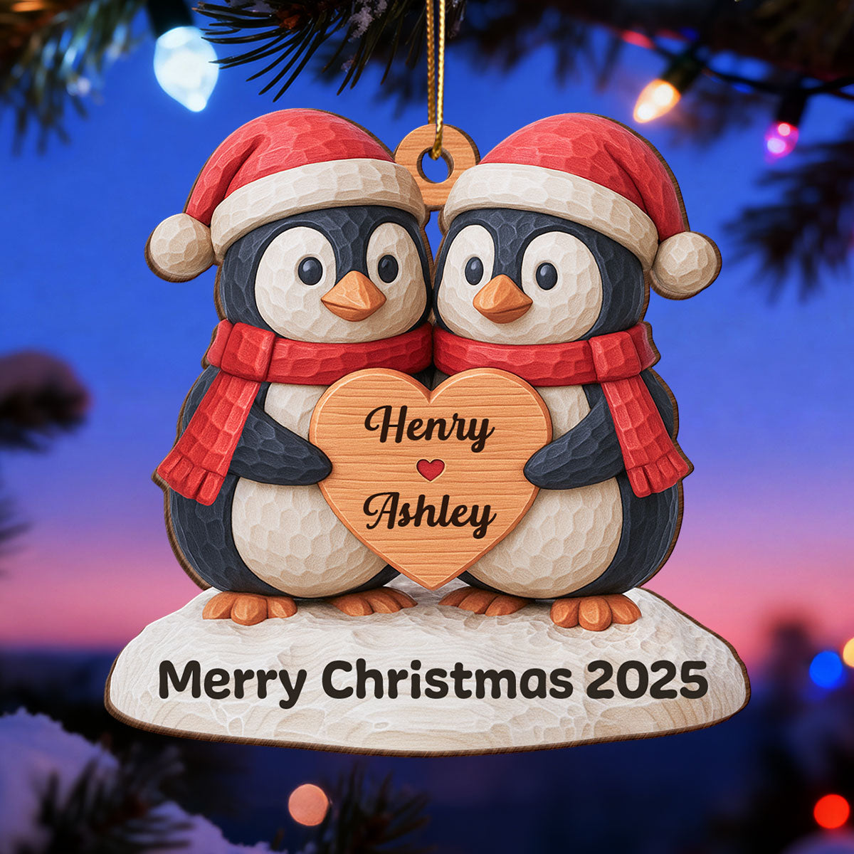 Christmas Penguin Couple - Personalized Wooden Ornament - Christmas Gift for Couple