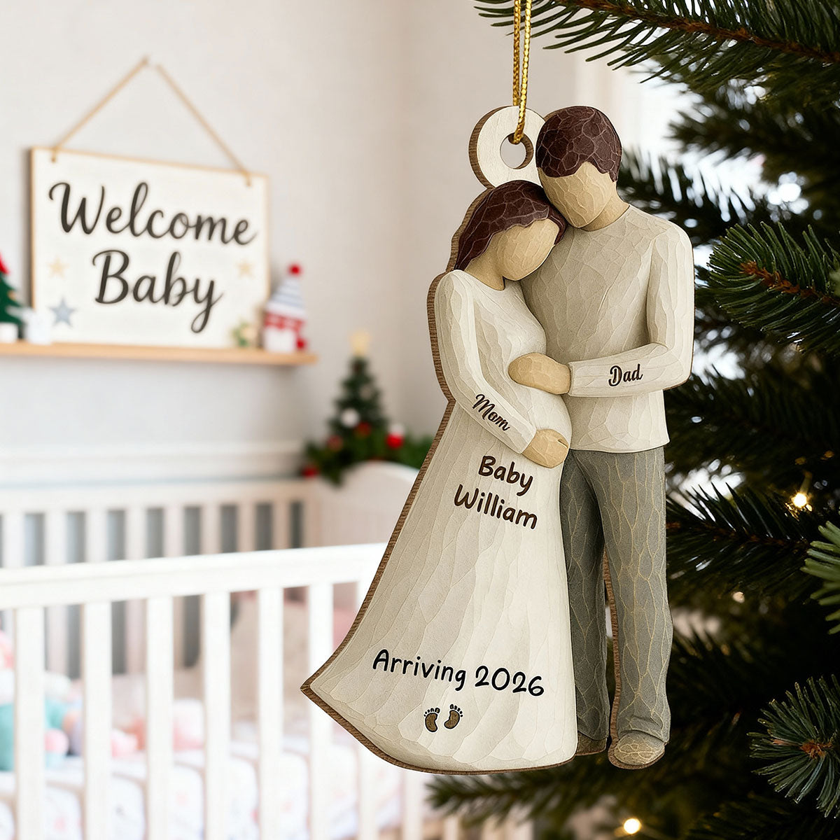 3D Effect Baby Arriving - Personalized Wooden Ornament - Couple Expecting, Pregnancy Keepsake