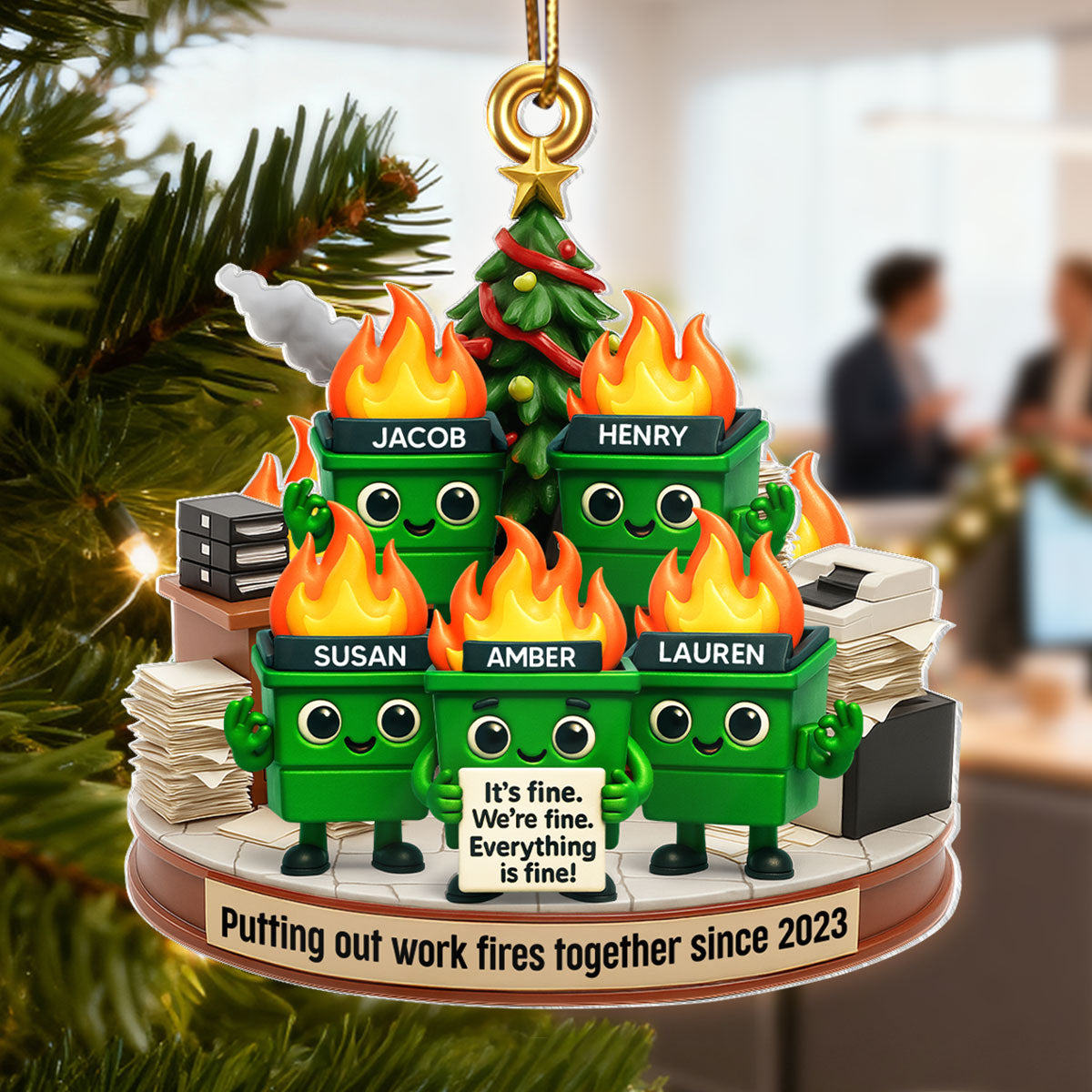 Funny Dumpster Fire Office Chaos Background - Personalized Acrylic Ornament - Funny Christmas Gift, White Elephant Gift for Coworkers