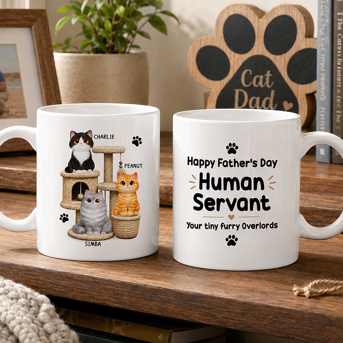 Happy Father's Day Human Servant Cats On Cat Tree - Personalized Mug - Father's Day Gift For Cat Dad