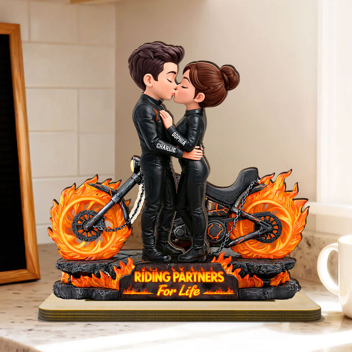 Biker Couple Fire - Personalized 2-Layered Wooden Plaque - Sentimental Gift for Her, for Him