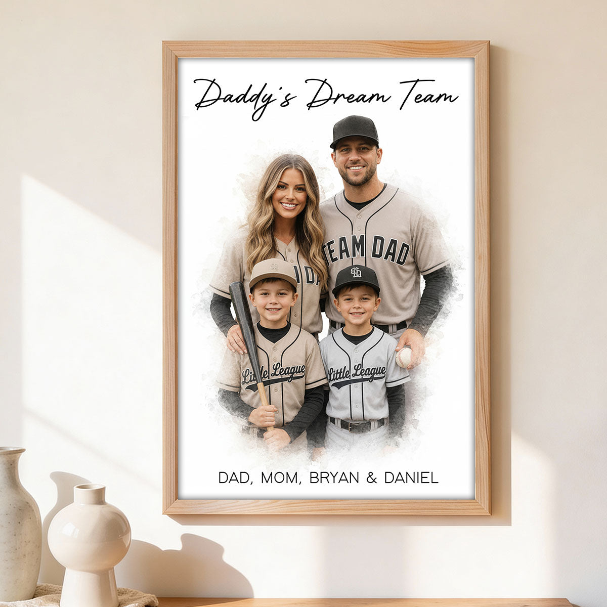 Watercolor Style Baseball Basketball Football Daddy's Dream Team - Personalized Poster - Father's Day Gift For Husband, Dad, Sport Dad