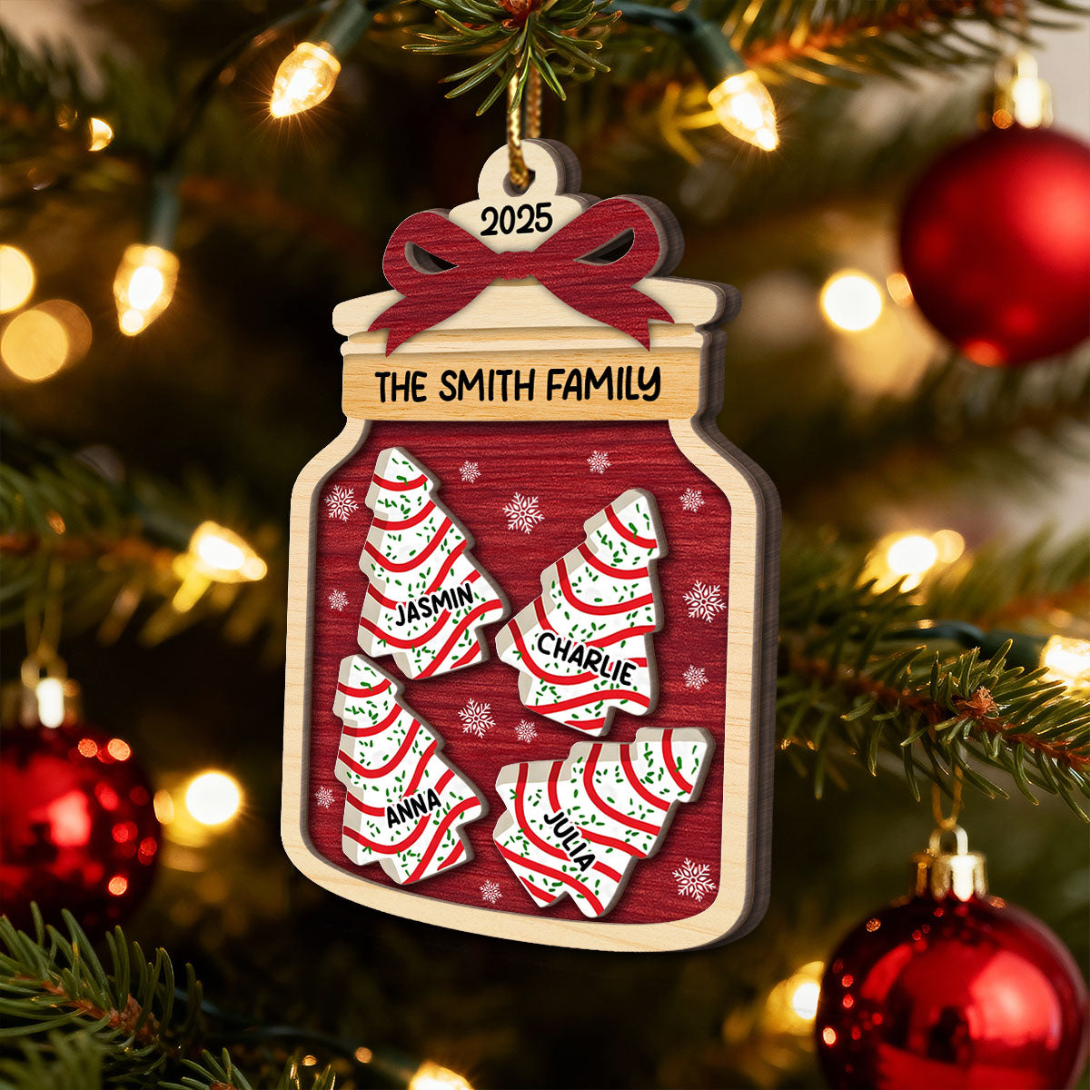 3D Effect Festive Christmas Family Mason Jar Christmas Tree Cakes - Personalized 2-Layered Wooden Ornament