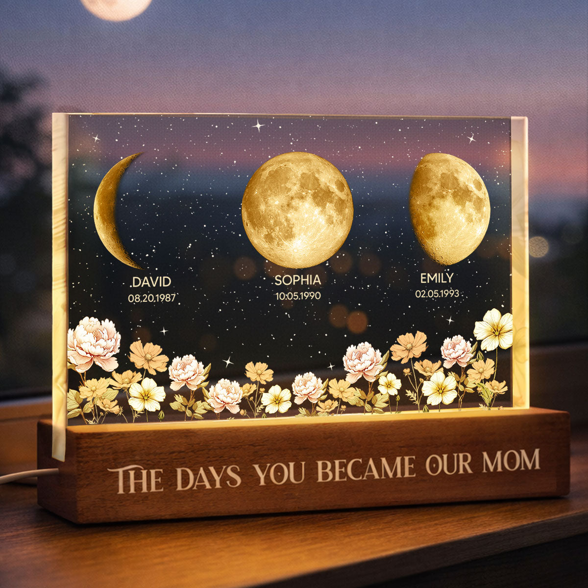 The Day You Became Our Mom Custom Moon Phase by Date - Personalized Acrylic Block LED Night Light, Custom Birth Flowers