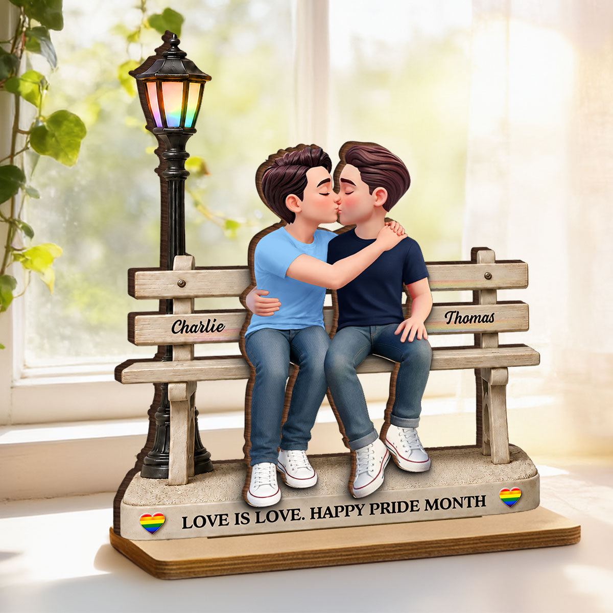 LGBT+ Couple Sitting On Bench - Personalized 2-Layered Wooden Plaque - Gift For Couple, Happy Pride Month