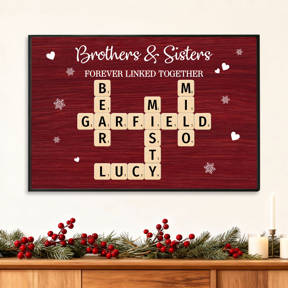 Christmas Festive Brothers & Sisters Forever Linked Together Crossword Puzzle Art - Personalized Poster - Gift For Brothers, Sisters, Siblings, Family