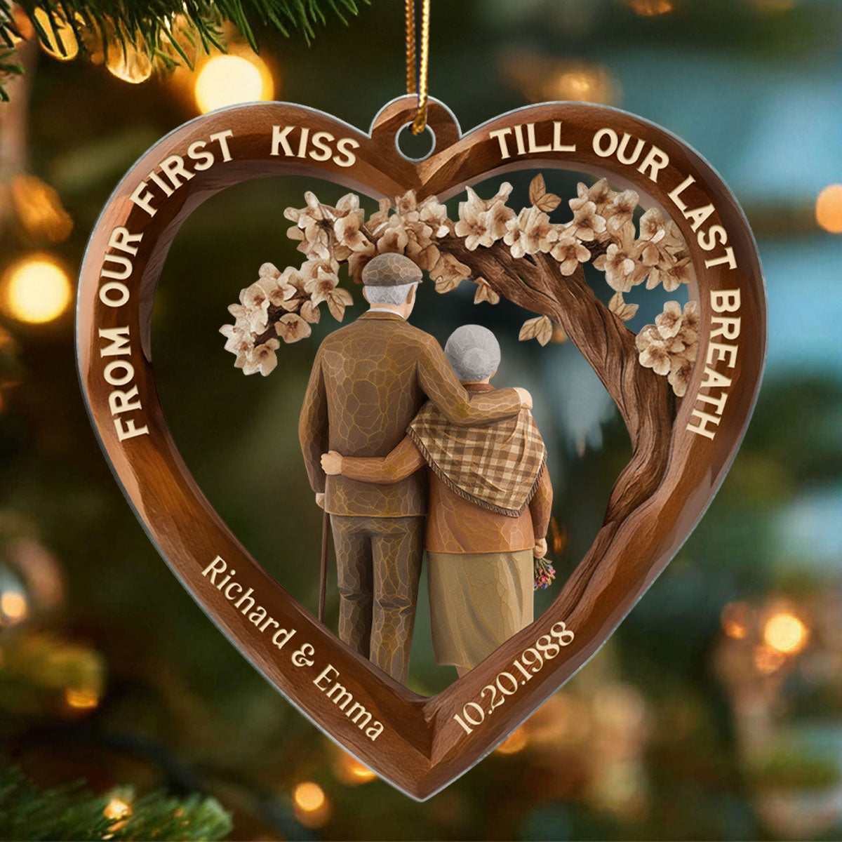 From Our First Kiss Till Our Last Breath Couple 3D Wooden Effect - Personalized Acrylic Ornament - Christmas Gift for Couples