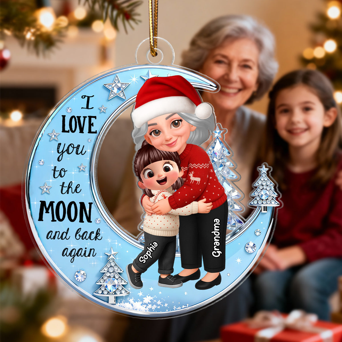 3D Shining Effect Grandma Grandkid On Moon - Personalized Acrylic Ornament - Gift For Granddaughter, Grandson