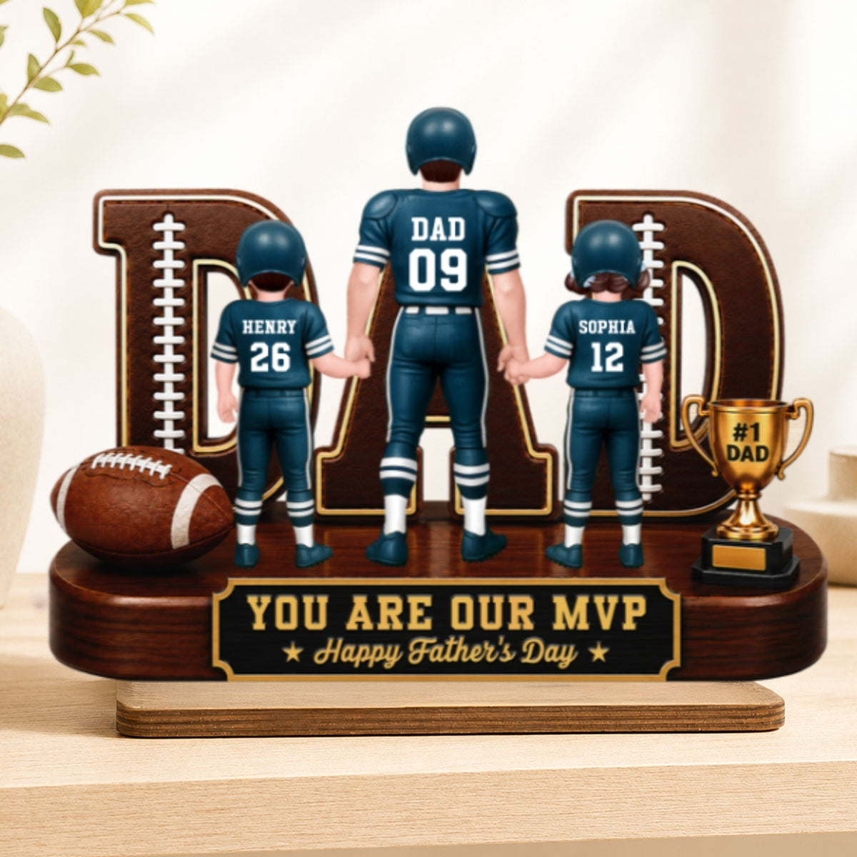 American Football No 1 Dad Legend Daddy's Dream Team - Personalized 2-Layered Wooden Plaque -  Gift For Dad