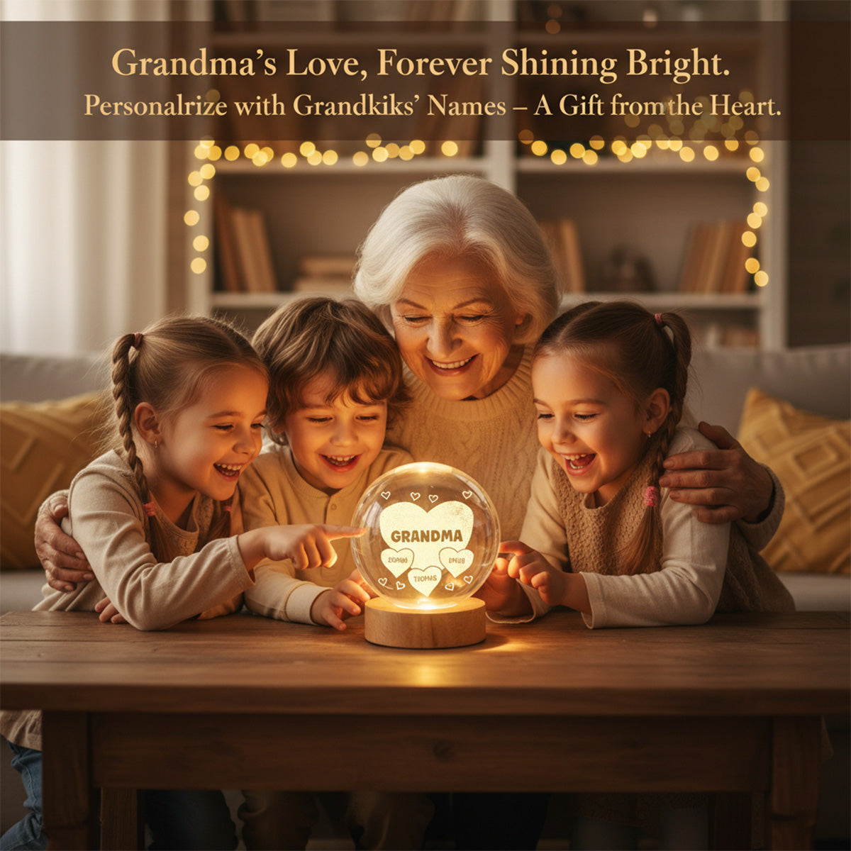 Grandma Mom Hearts Custom Kids Names - Personalized Crystal Ball LED Night Light - Gift For Grandma, Mom