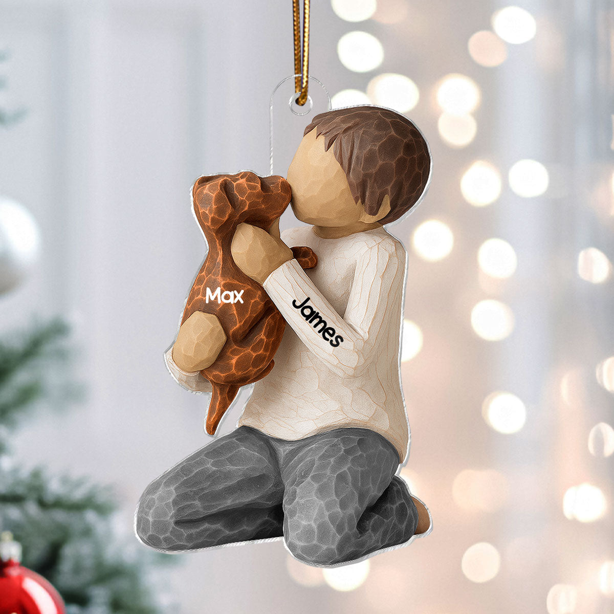 3D Effect Boy Girl Hugging Dog - Personalized Wooden Ornament - Christmas Gift For Dog Lovers