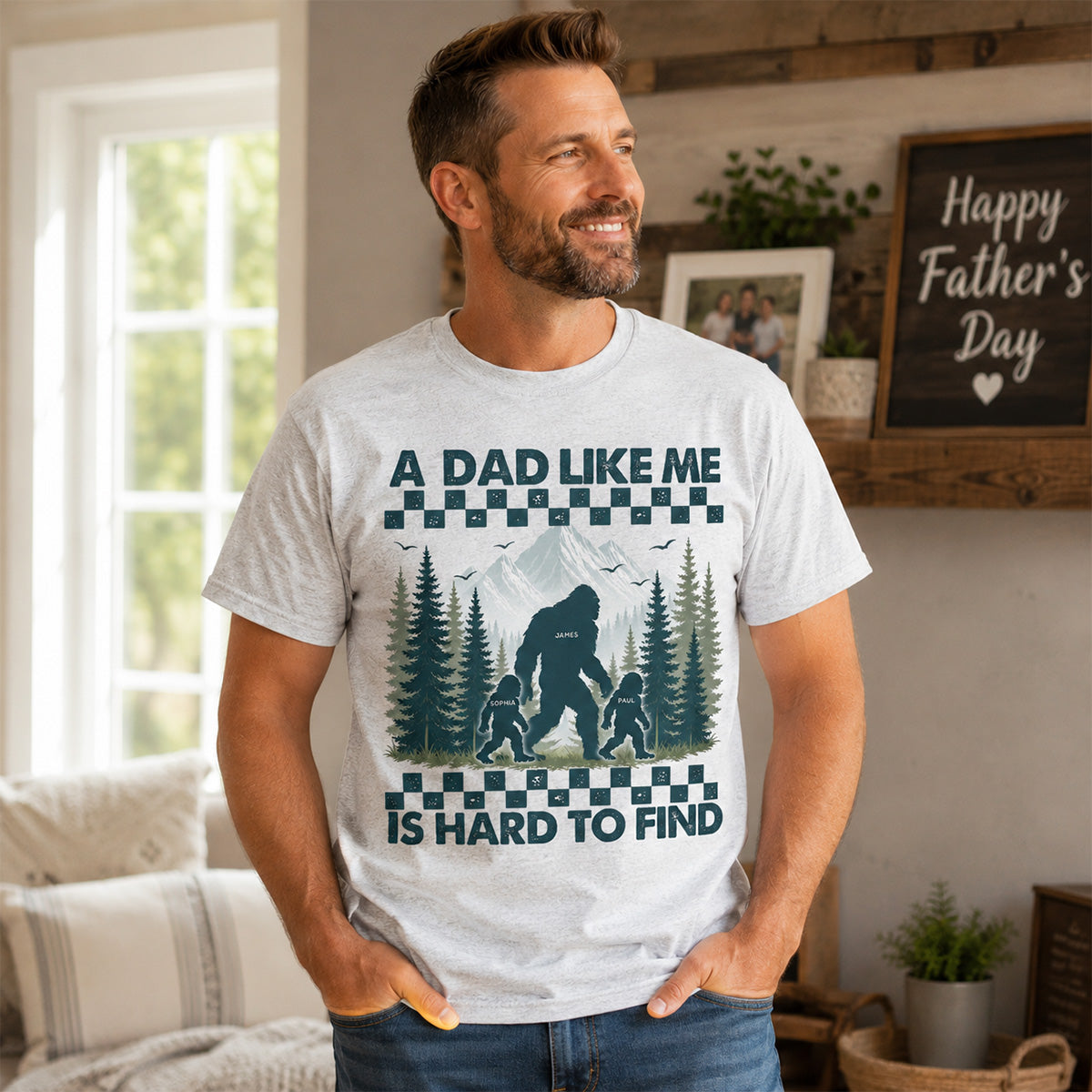 Retro Funny Bigfoot Dad With Kids Names - Personalized Shirt - Father's Day Gift for Dad