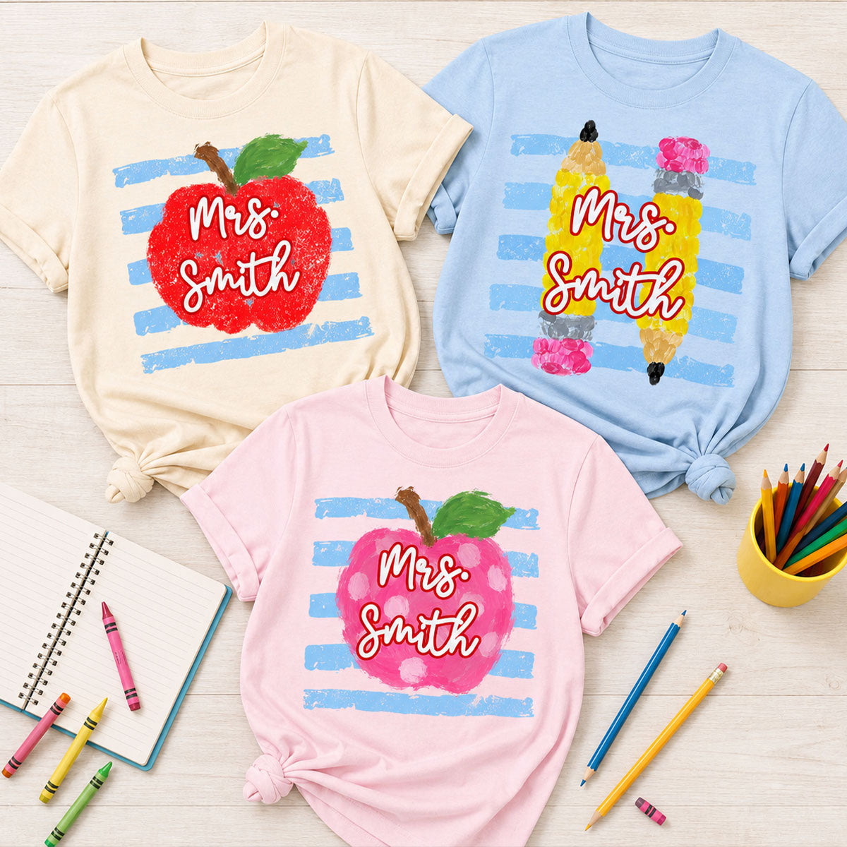 Coastal Apple Pencil Stripes - Personalized Shirt - Back To School Gift For Teacher