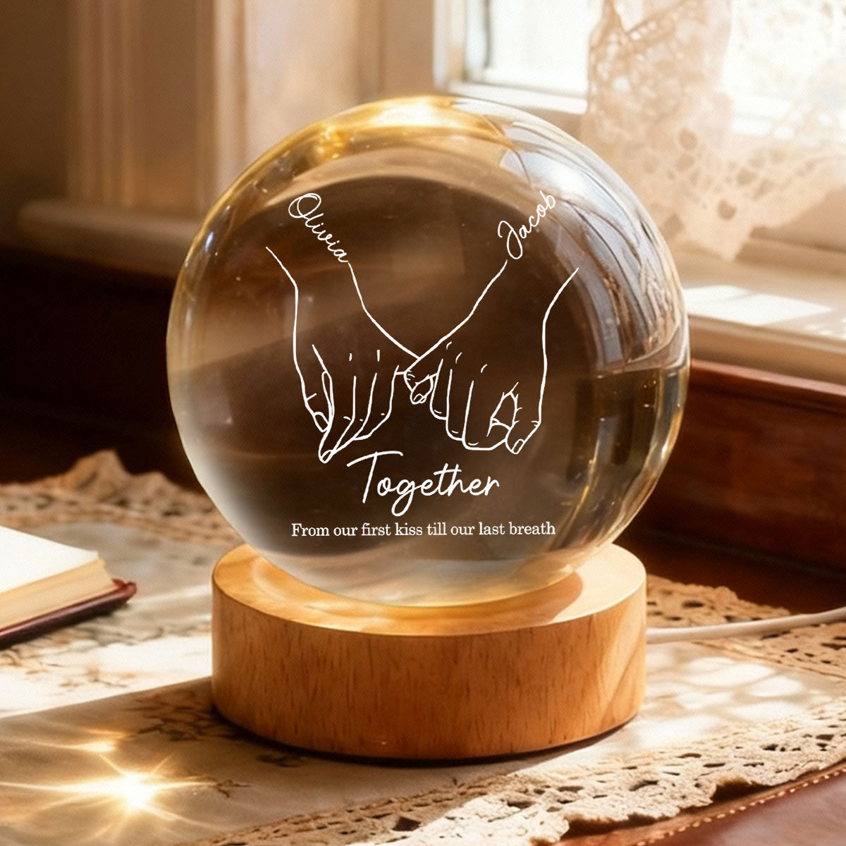 Couple Interlocked Hands - Personalized Crystal Ball LED Night Light - Sentimental Gift for Her, for Him, Couple Keepsake