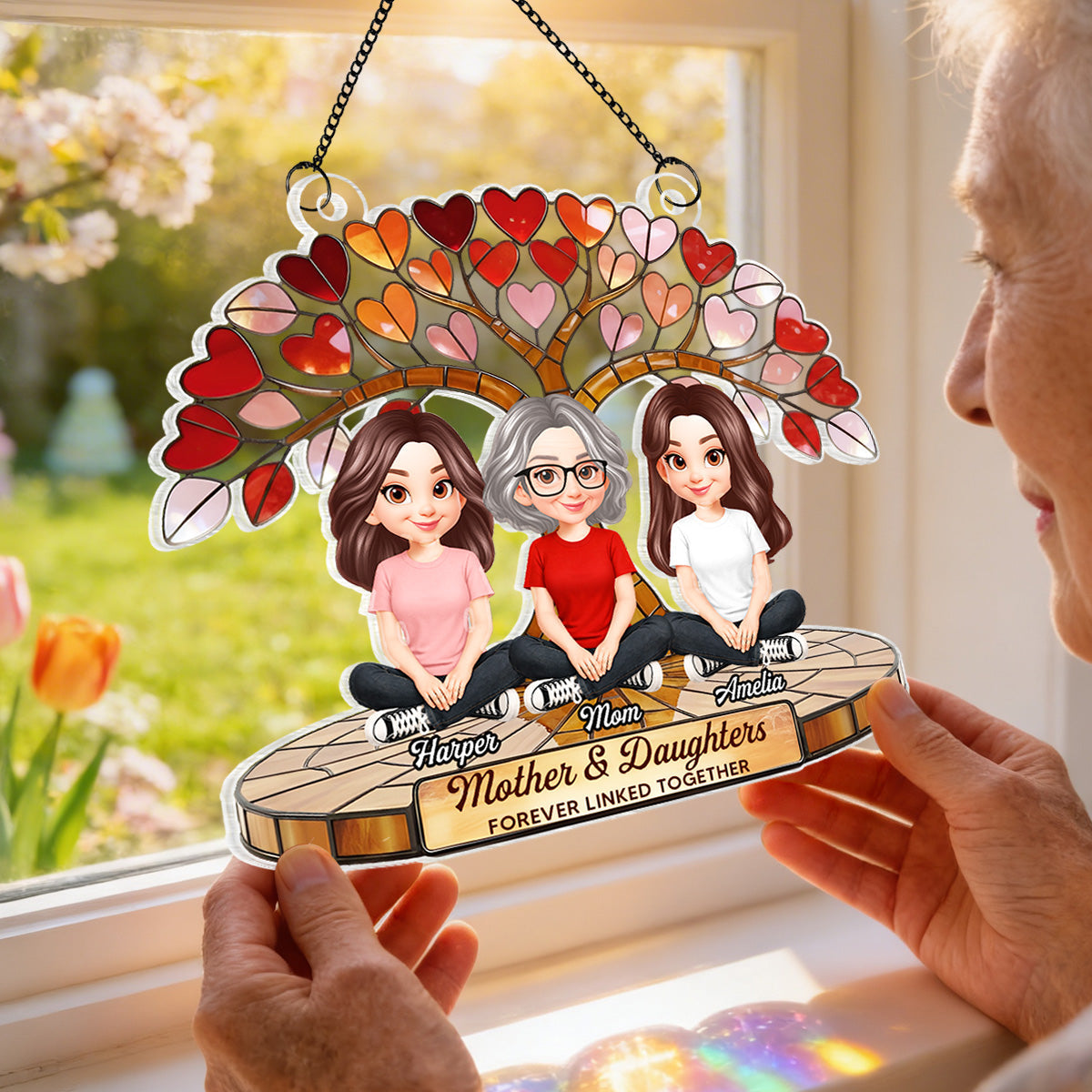 Mom And Son Daughter Under Heart Tree Forever Linked Together - Personalized Suncatcher Ornament - Gift For Mom
