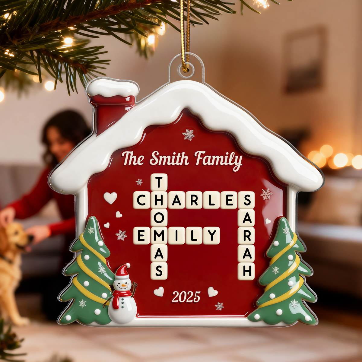 3D Effect Festive Christmas House Family Forever Linked Together Crossword Puzzle Art - Personalized Acrylic Ornament - Gift For Family