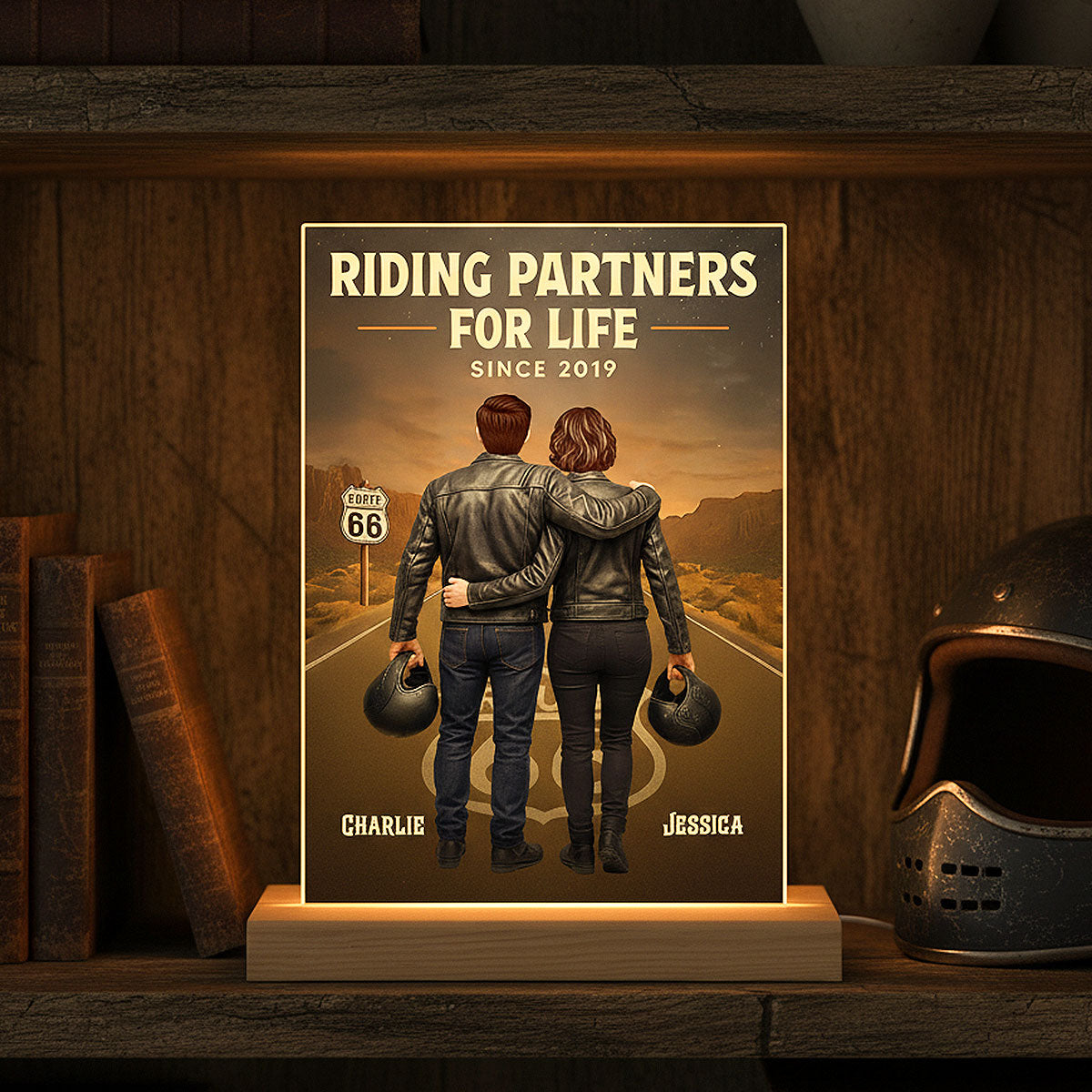 Eternal Love Back View Biker Couple Riding Partners For Life - Personalized Acrylic Plaque LED Night Light - Gift For Couple, Bikers, Gift For Him, For Her