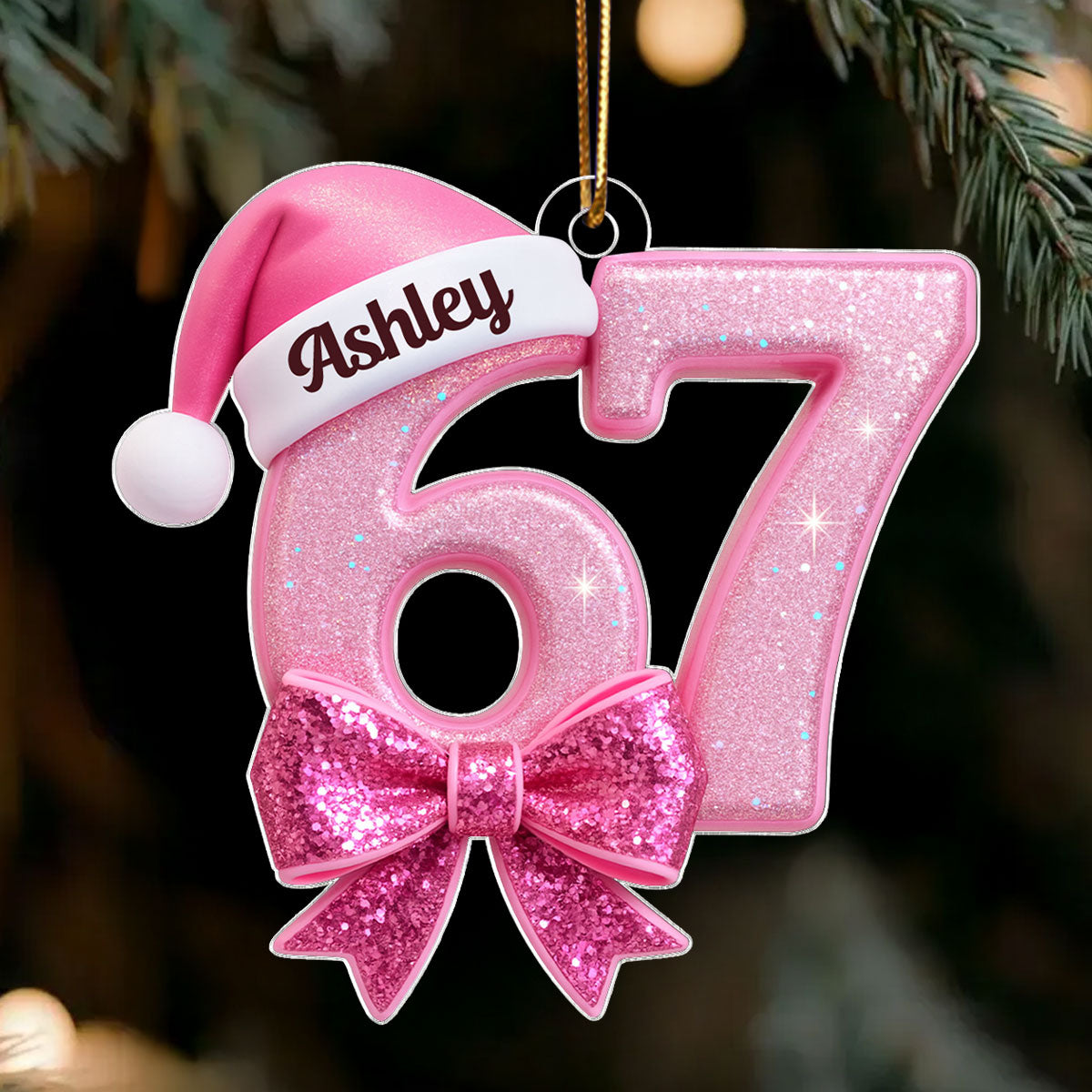 Custom 67 with Pink Croquette Bow - Personalzied Acrylic Ornament - Gift for Kid, Grandkids