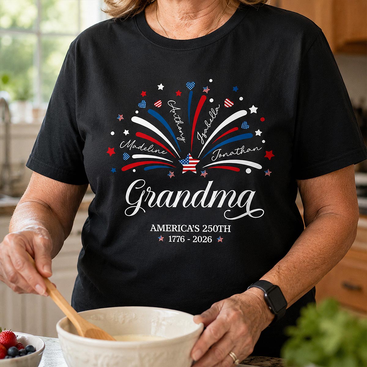 Grandma Fireworks Custom Kid Name - Personalized Shirt - American 250th Anniversary Keepsake For Grandma, Wife