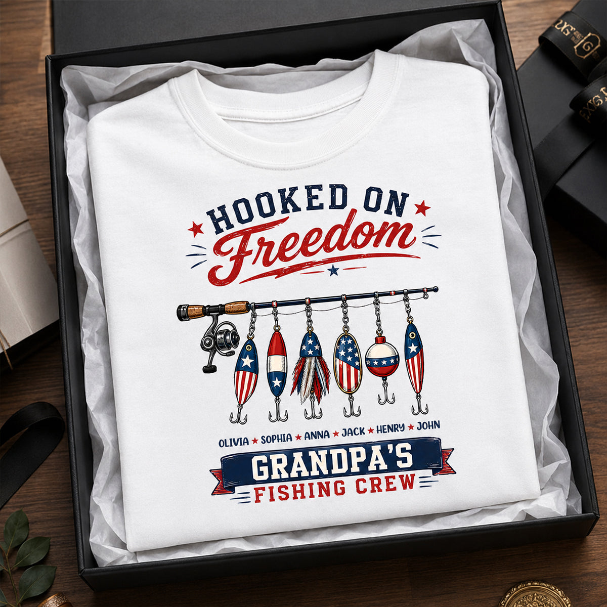 Fishing Grandpa Hooked on Freedom - Personalized Shirt - 250th Anniversary Patriot Shirt