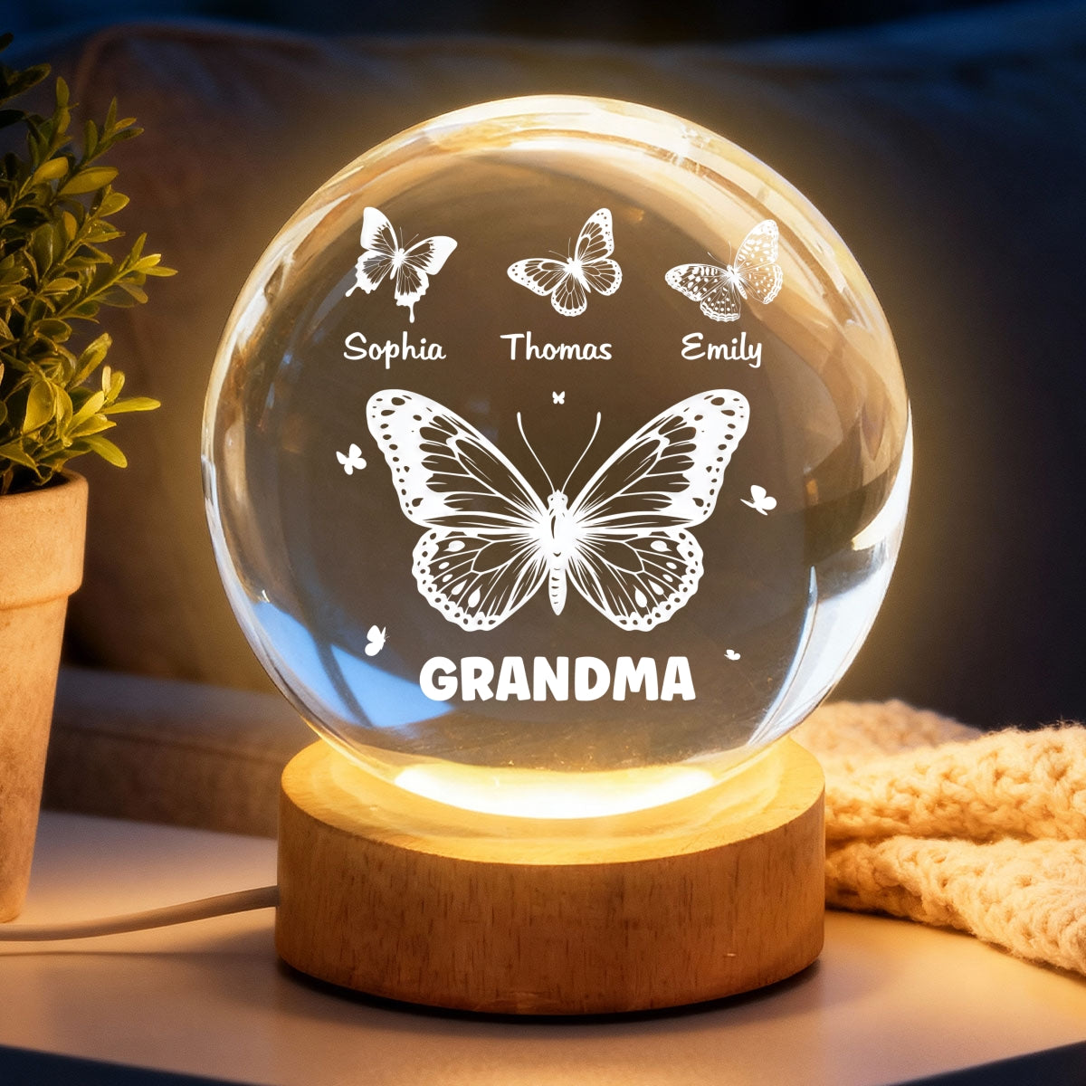 Grandma Mom Butterflies Custom Kids Names - Personalized Crystal Ball LED Night Light - Gift For Grandma, Mom