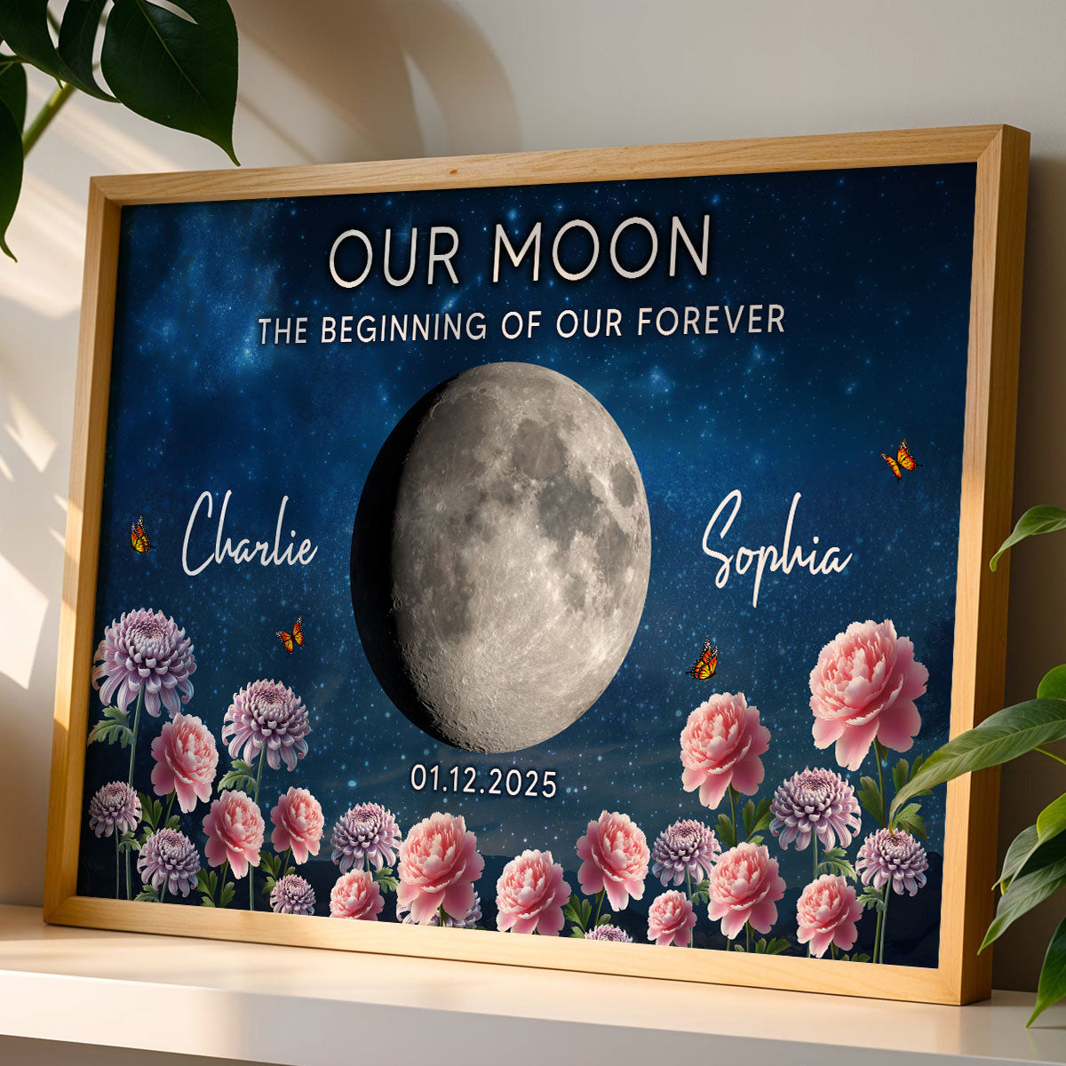 Couple Custom Moon Phase Anniversary Date Birth Month Flowers - Personalized Poster - Valentine's Day Gift For Couple
