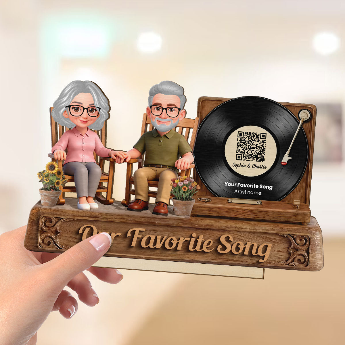 3D Effect Old Couple Sitting On Rocking Chair Favorite Song - Personalized 2-Layered Wooden Plaque