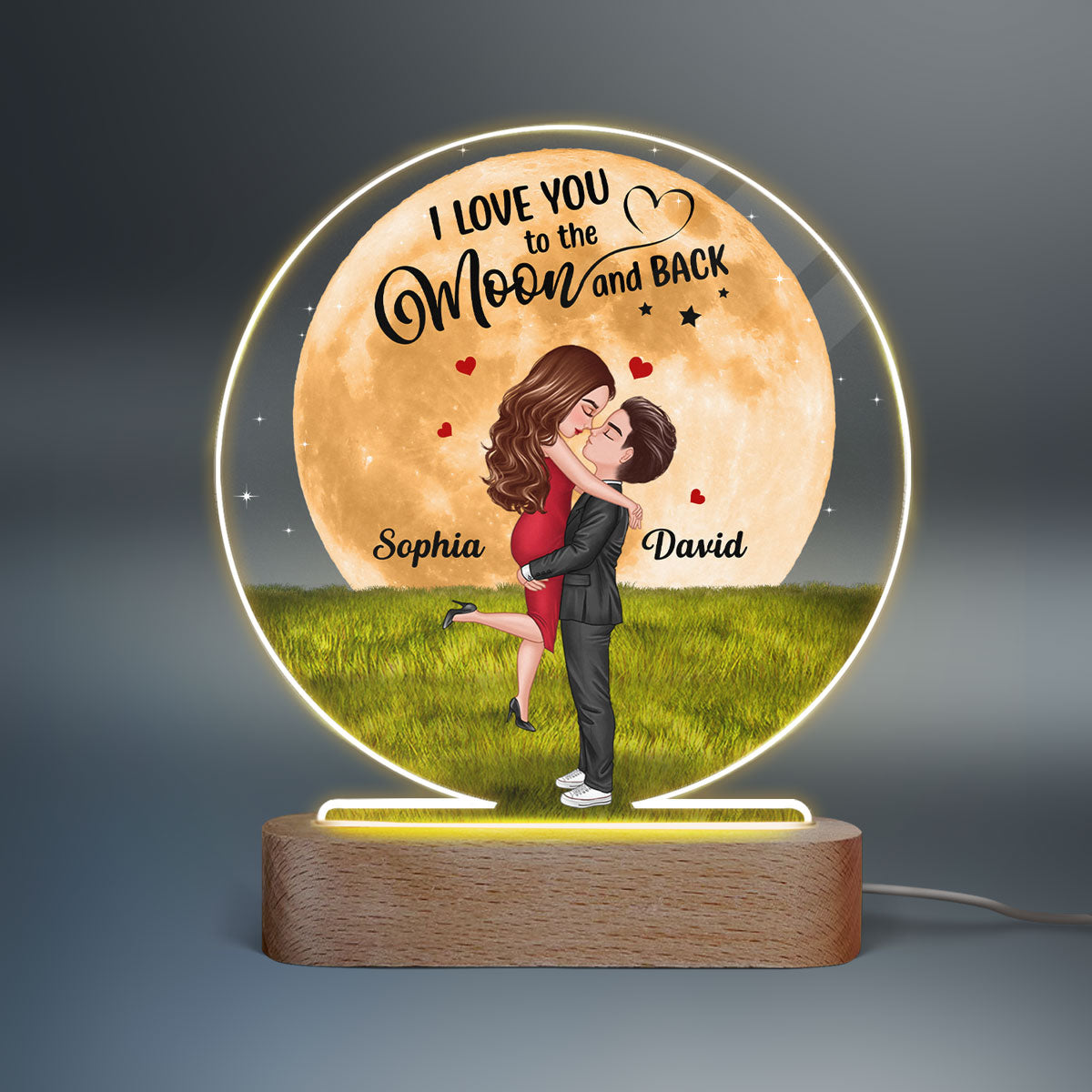 Big Moon Hugging Couple Personalized Circle Acrylic LED Night Light LED Lamp