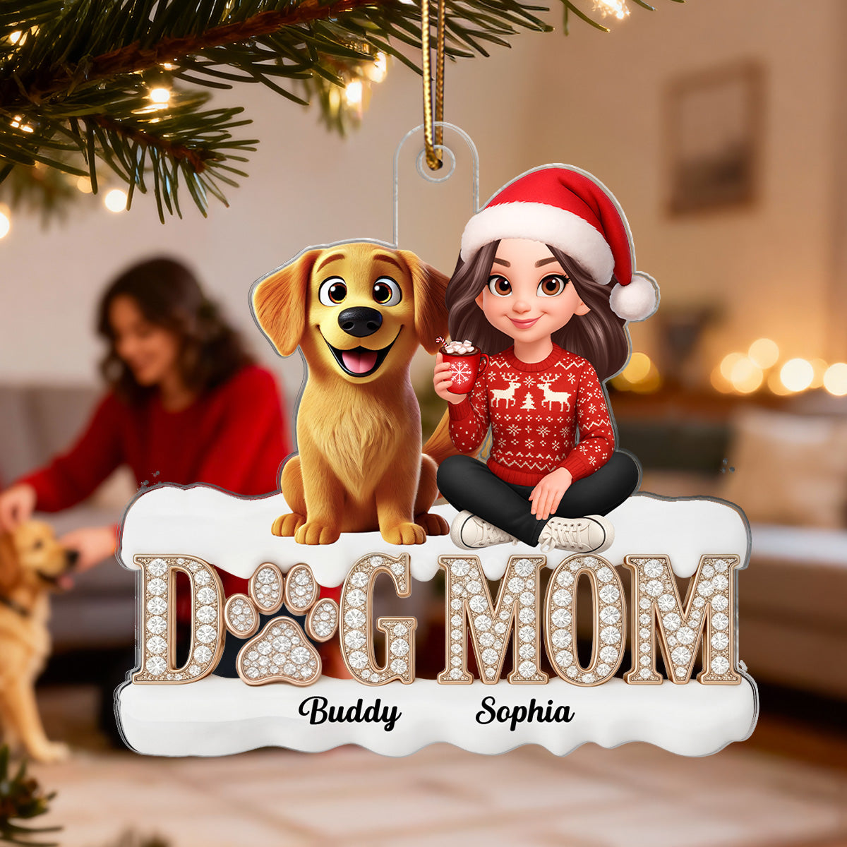 3D Crystal Shining Effect Christmas Dog Mom - Personalized Acrylic Ornament - Gift For Dog Lovers