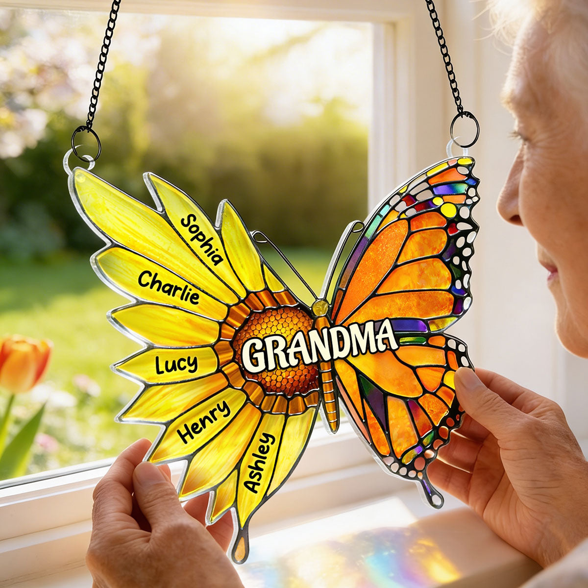 Grandma Sunflower Butterfly Custom Kids Names - Personalized Suncatcher Ornament - Mother's Day Gift For Grandma, Mom, Wife